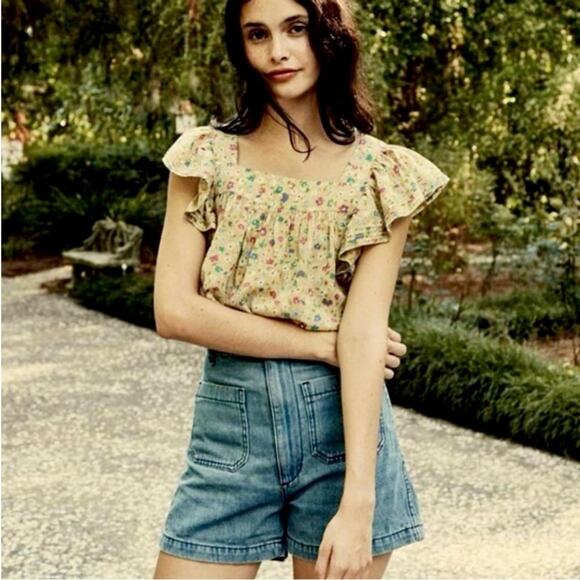 DOEN Abelene Top Yellow Tasha Garden Print Ruffle Floral Blouse Size L ** - Picture 1 of 10